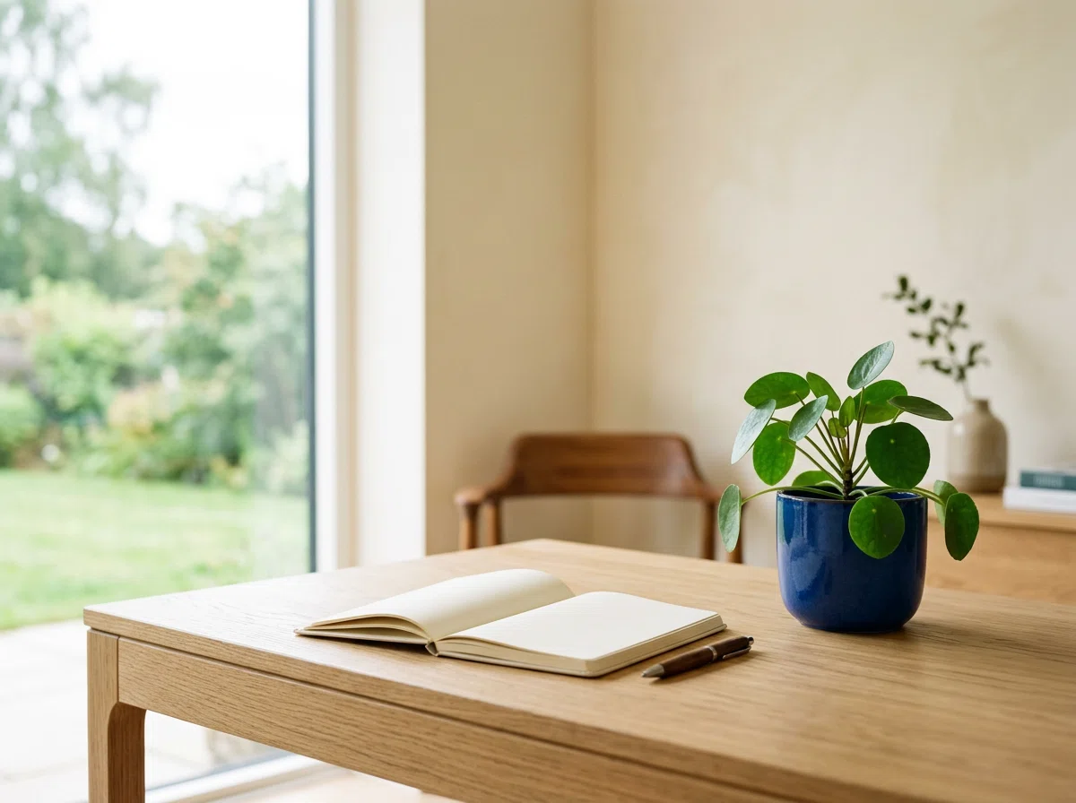 Schoon werkruimte met planten en notitieboek op tafel