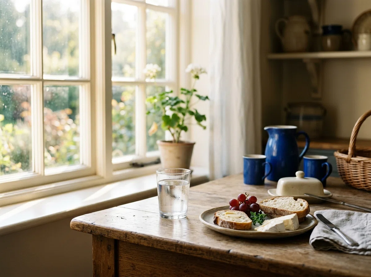 Glas water en ochtendmaaltijd op een zonnige keukentafel